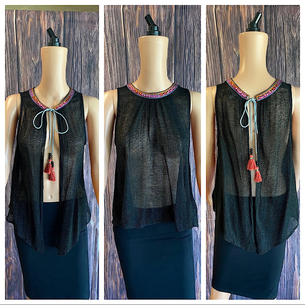 Anthropologie Eri + Ali sparkly black boho multi color embroidered top
